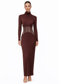 Chocolate Brown Mesh Corset Slim-Fit Maxi Dress