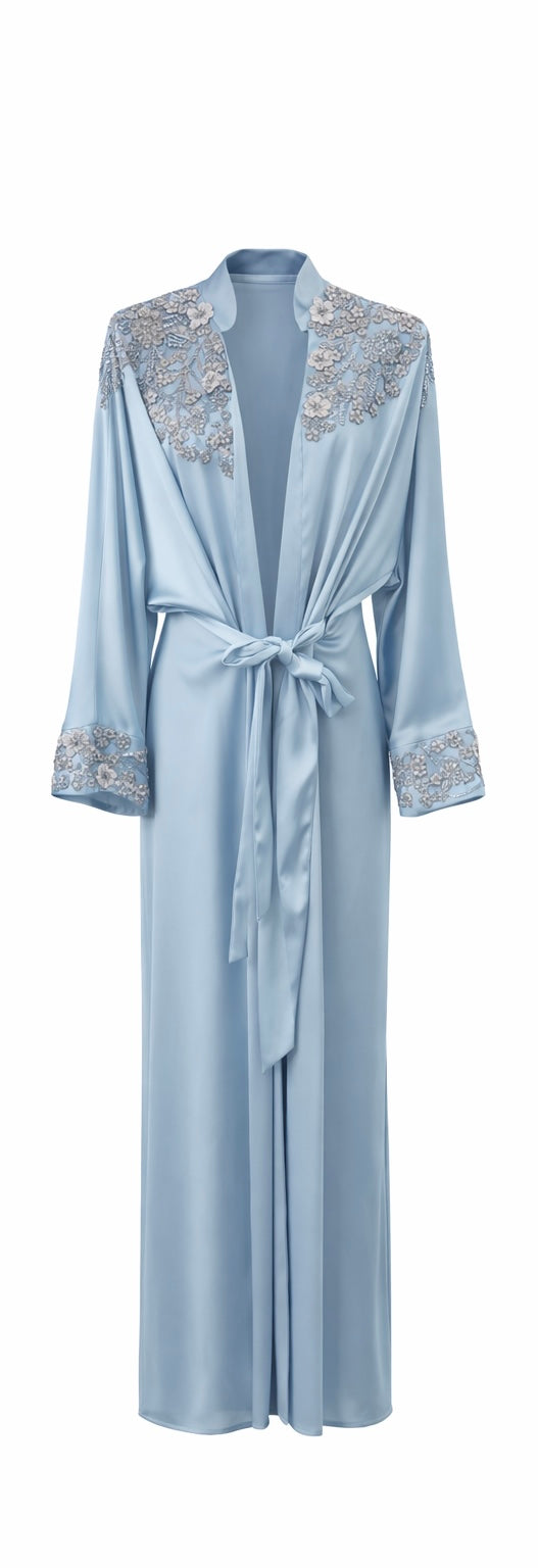 Ice Blue Embroidered Satin Abaya