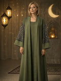Premium Olive Green Open Abaya with Sheer Sleeve Design