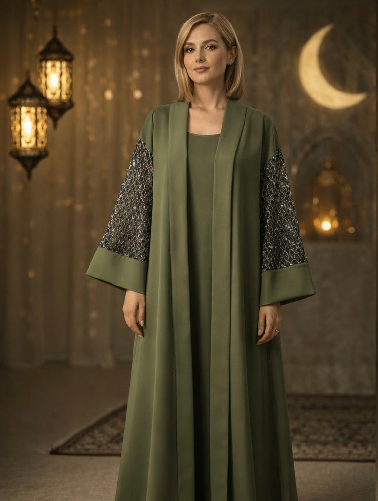 Premium Olive Green Open Abaya with Sheer Sleeve Design