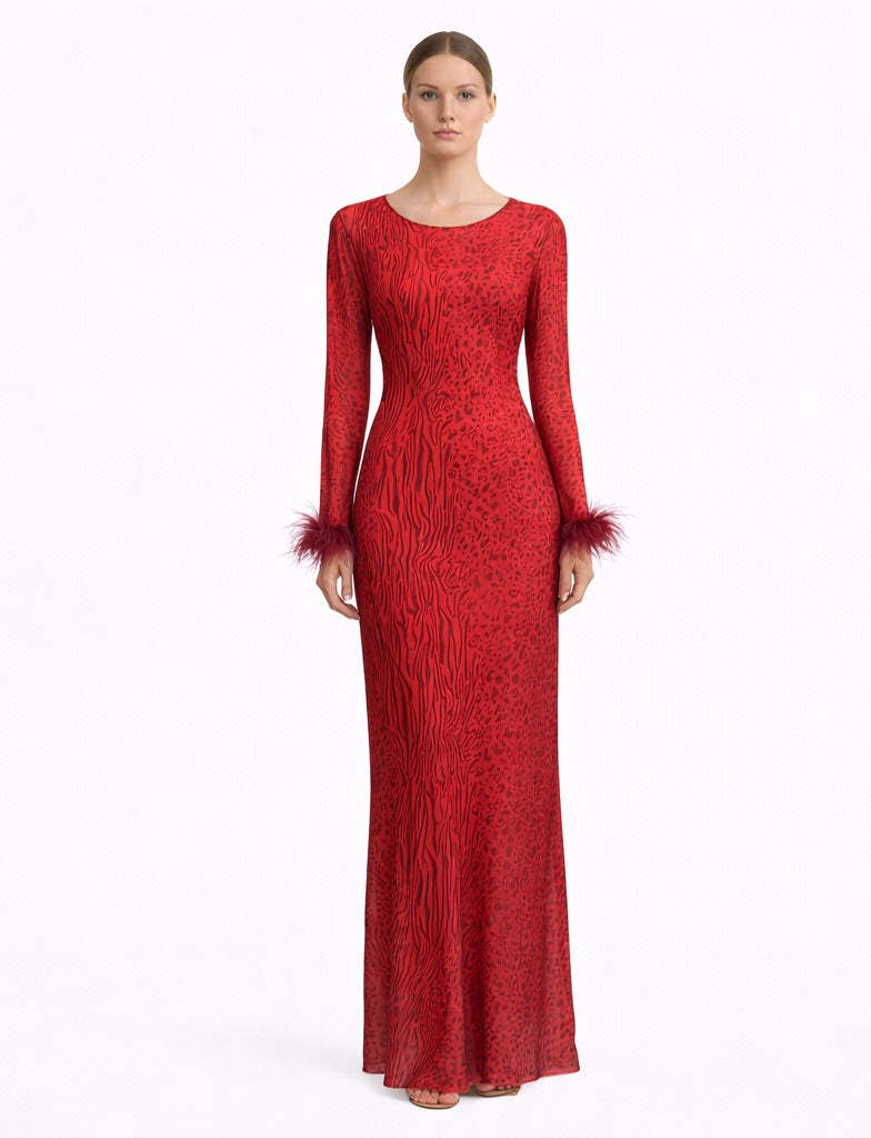 Red Animal Print Open-Back Maxi Dress with Feather Cuffs