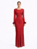 Red Animal Print Open-Back Maxi Dress with Feather Cuffs