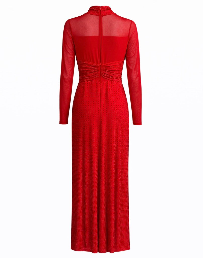 Red Crimson Crystal Mesh Evening Gown