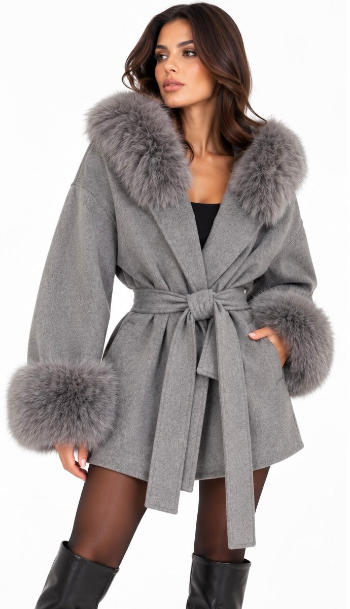 Fur-Trimmed Wrap Coat ( Blush , Icy Blue , Grey , Black , Brown , Burgundy )