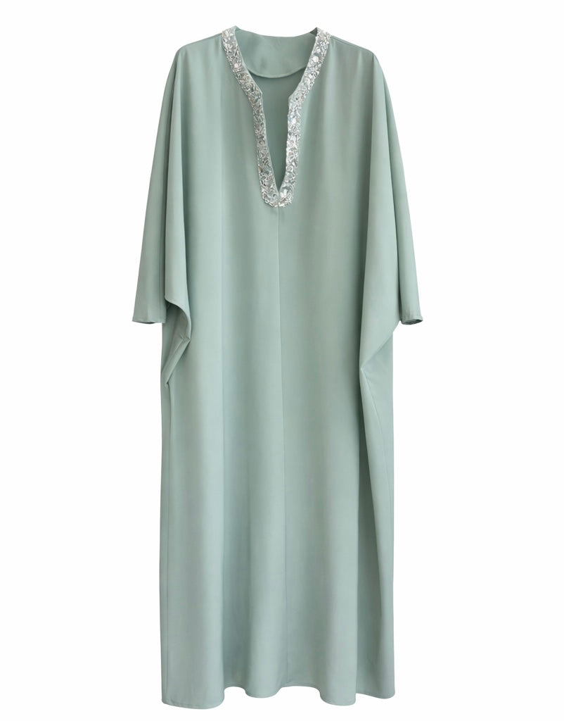 Beaded Neckline Mint Green Kaftan Dress