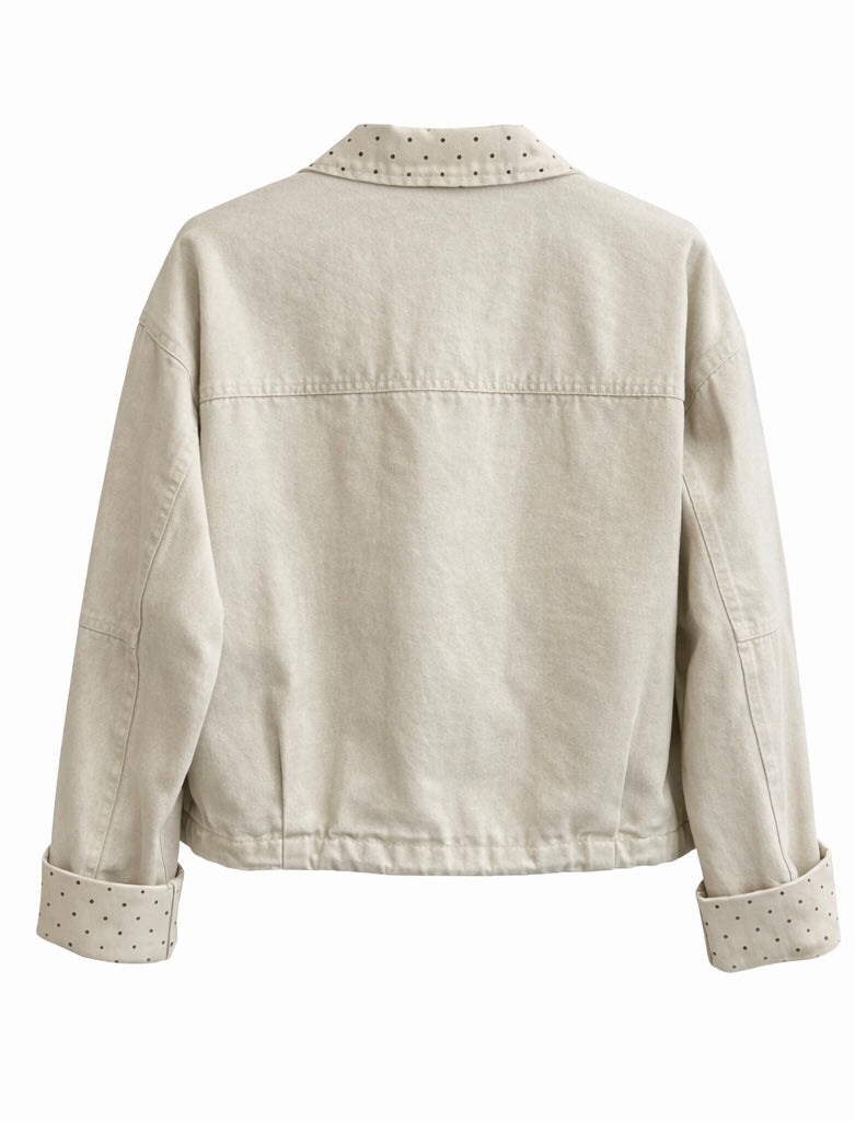 Casual Beige Zip-Up Jacket with Polka Dot