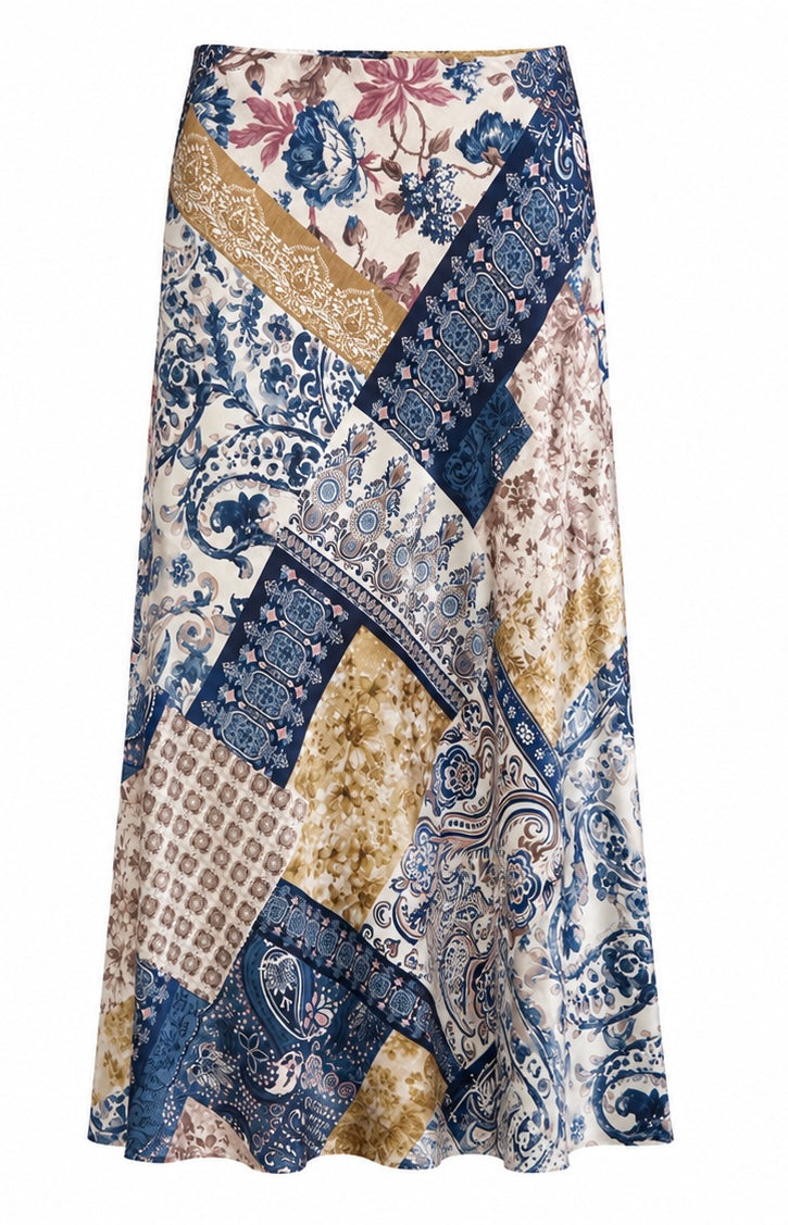 Printed Silk skirt ( Blue , Pink , Green )