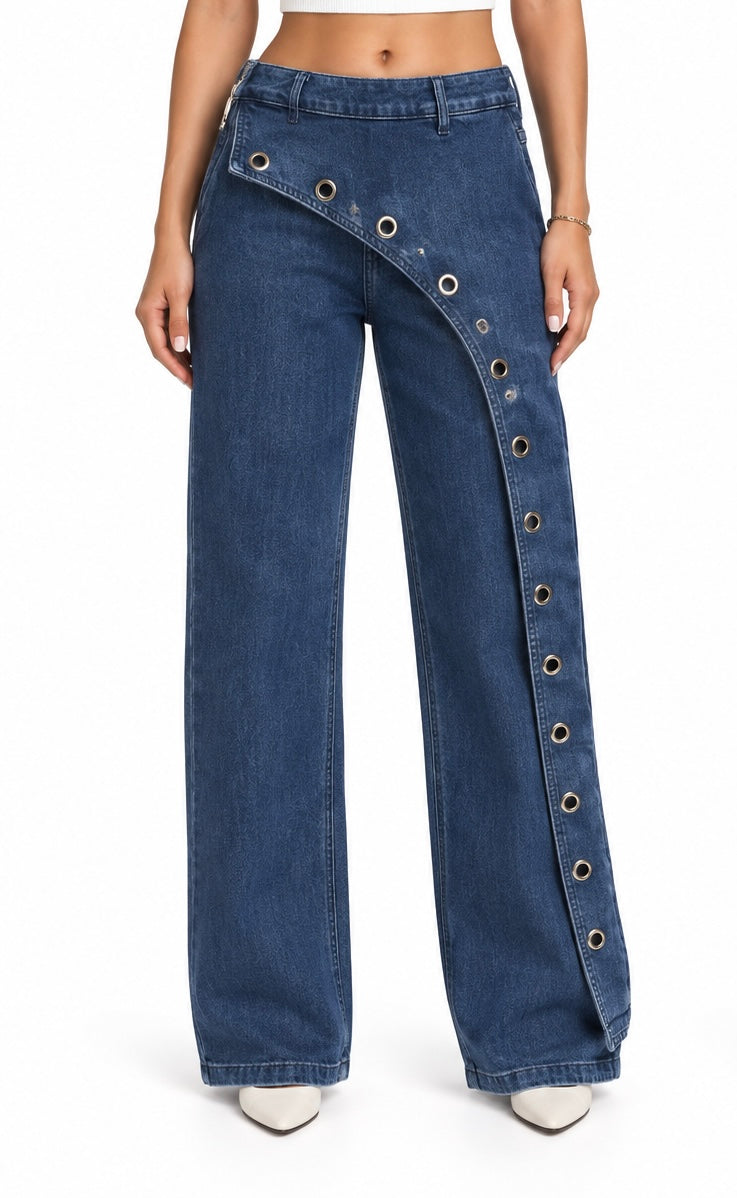Asymetric Eyelet Wide Leg Jeans