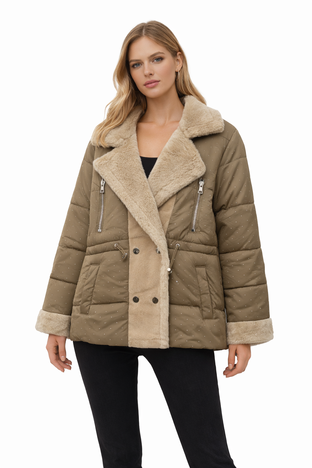 Stud-Detail Quilted Puffer Jacket with Faux Fur Trim – Mocha