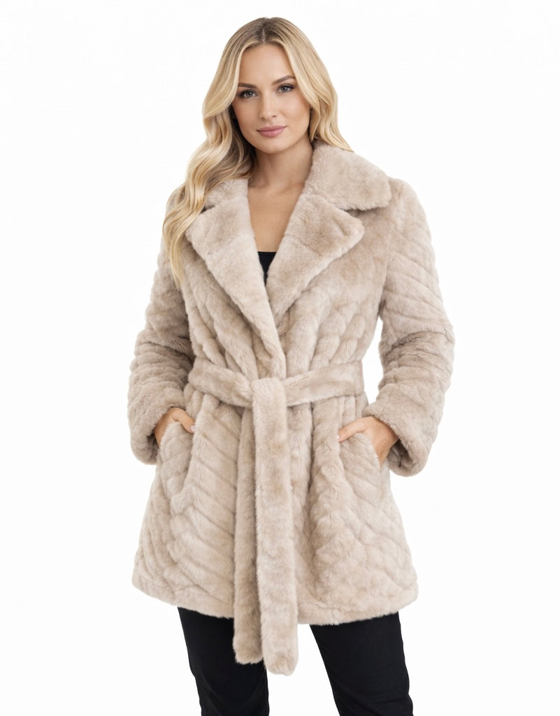 Cream Eco fur belted Coat