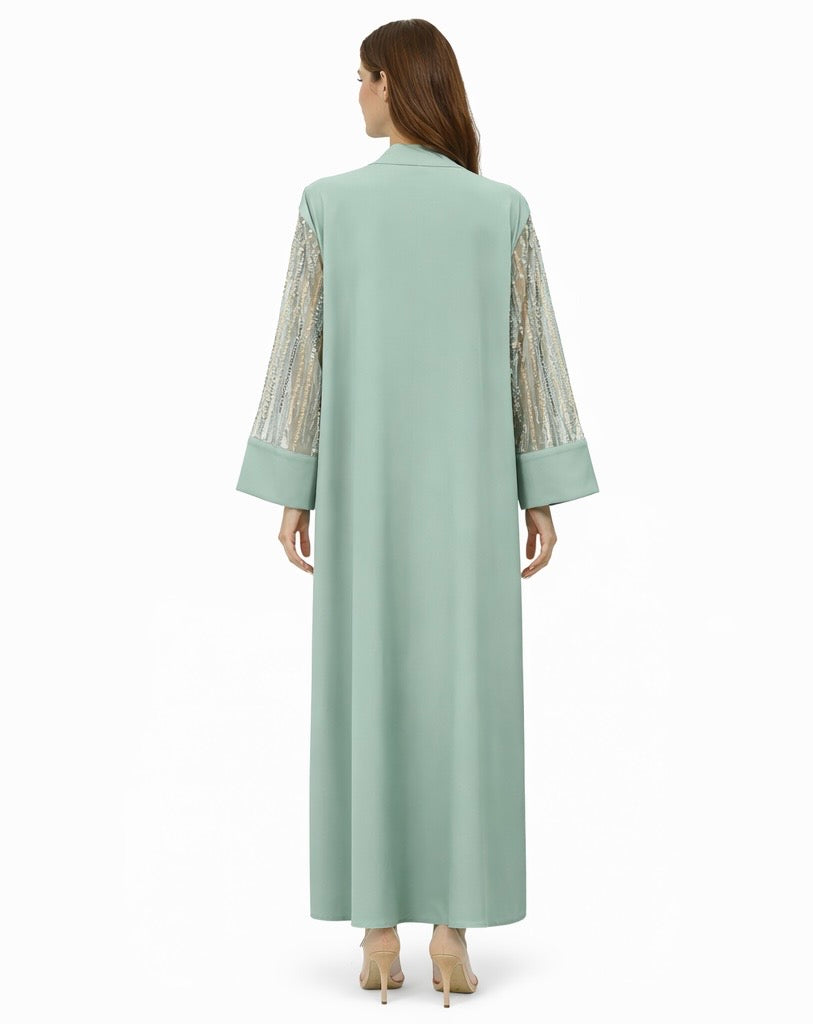 Luxury Mint Abaya with Beaded Sheer Sleeves