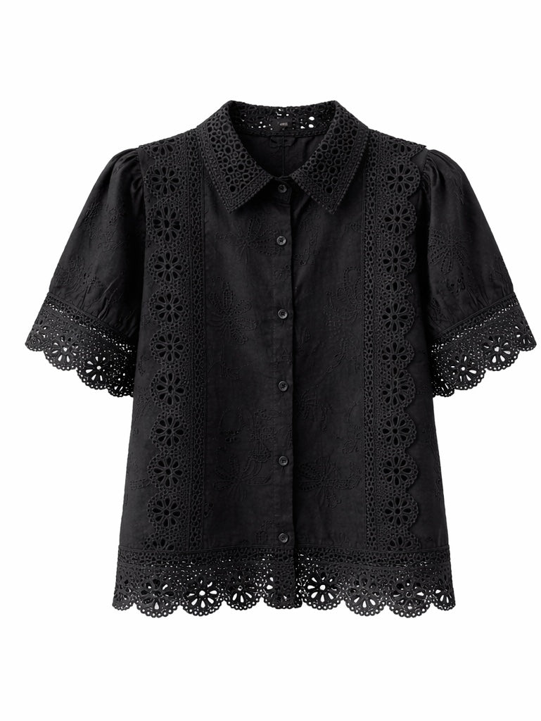 Chic  Floral Embroidered Shirt - Light Blue , White , Black