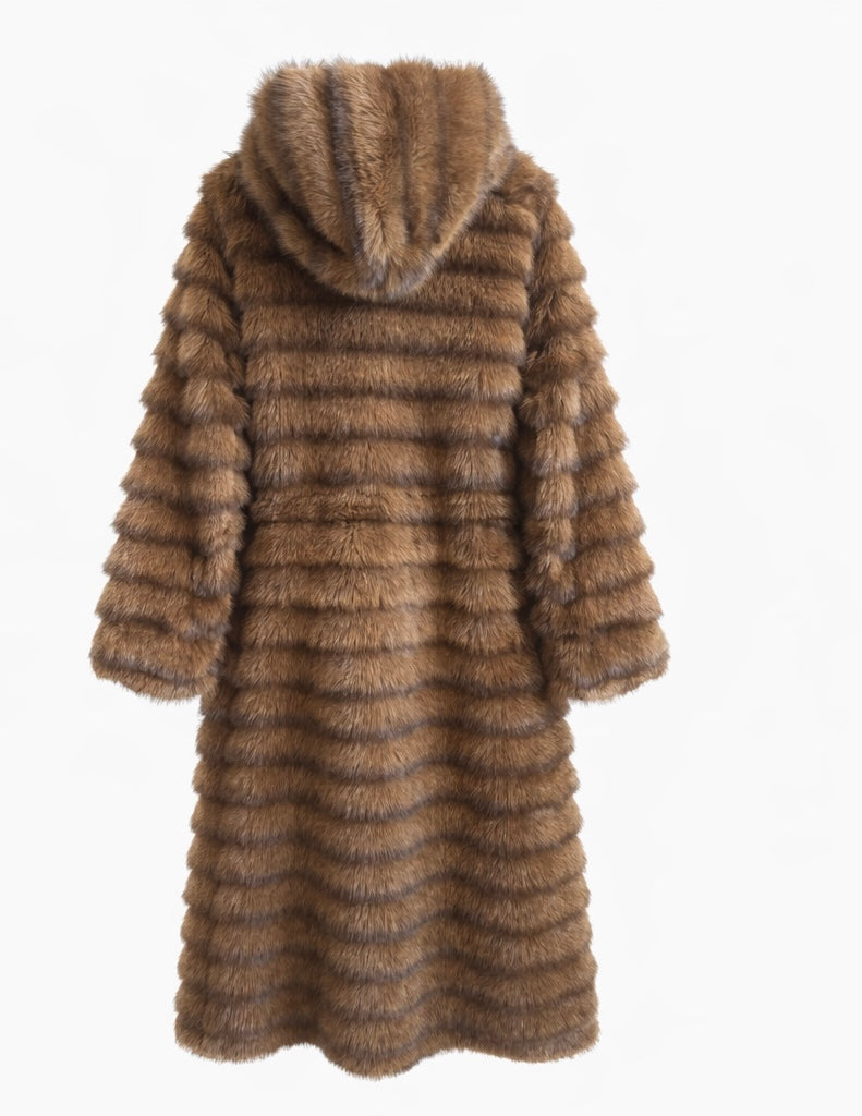 Hooded Faux Fur Maxi Coat – Brown