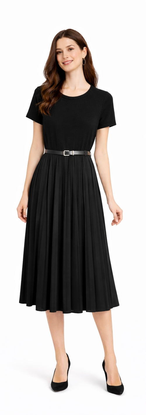 Black Knit Cardigan & Belted Pleated Dress