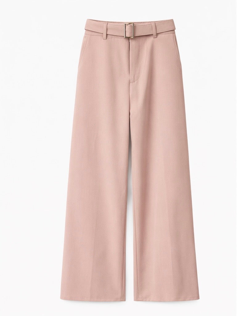 High-Waist Wide Leg Belted Trousers - Blush , light blue