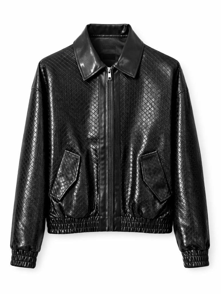 Textured Leather Bomber Jacket Black