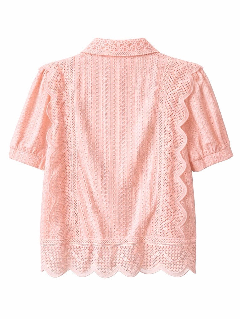 Romantic Floral Eyelet Lace Shirt - Butter Yellow , Light blue , pink , Black