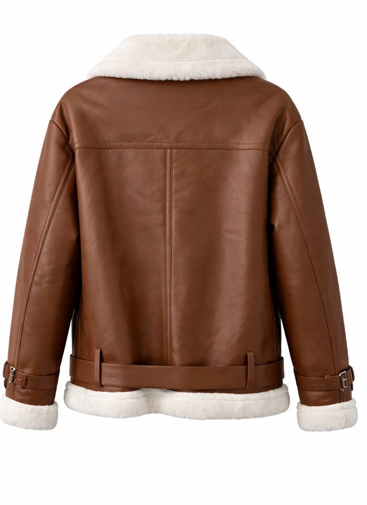 Shearling-Lined Faux Leather Aviator Jacket – Chocolate Brown