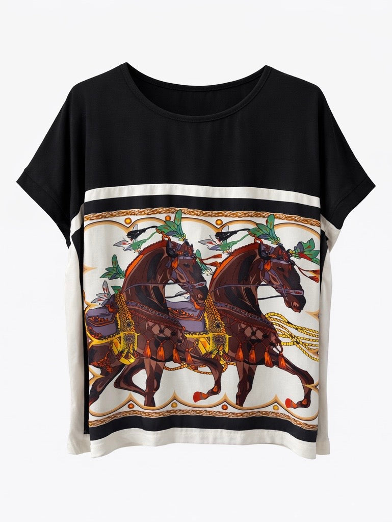 Equestrian Print Contrast Panel Top