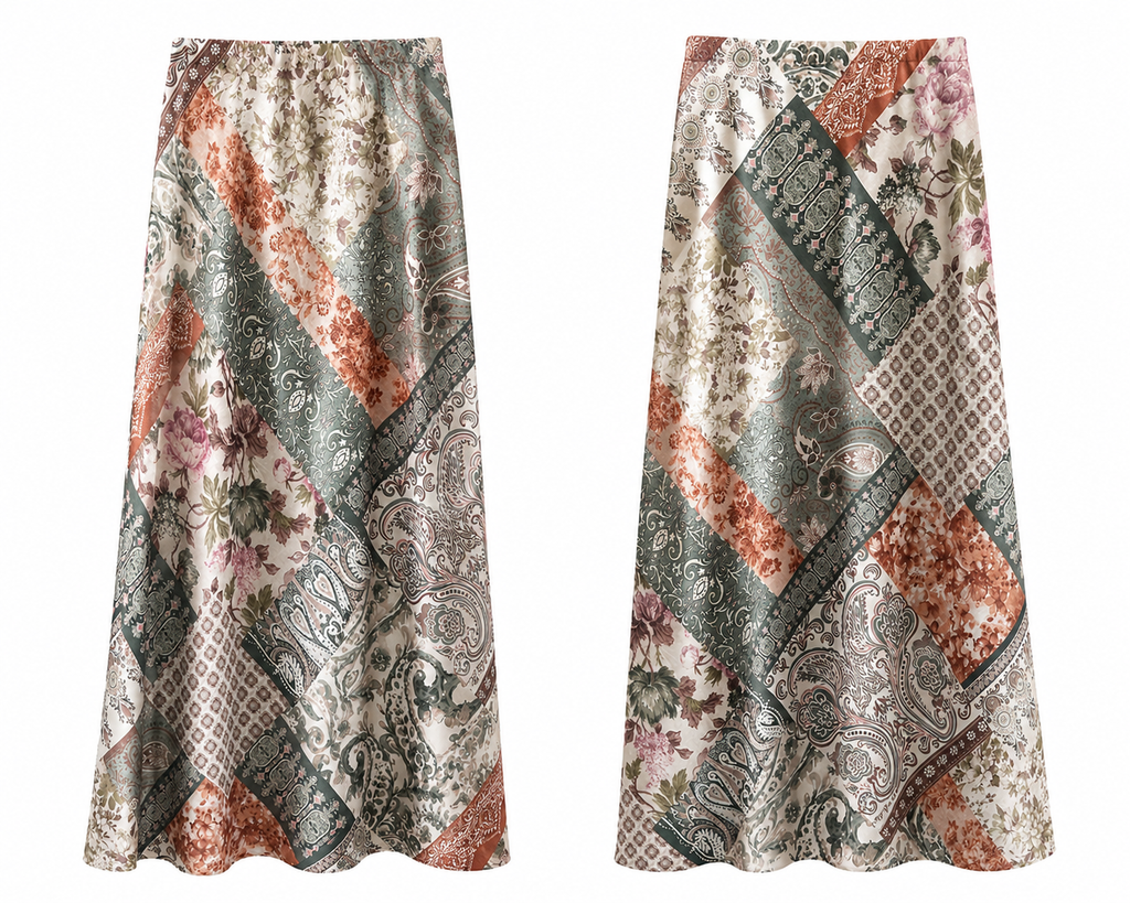 Printed Silk skirt ( Blue , Pink , Green )