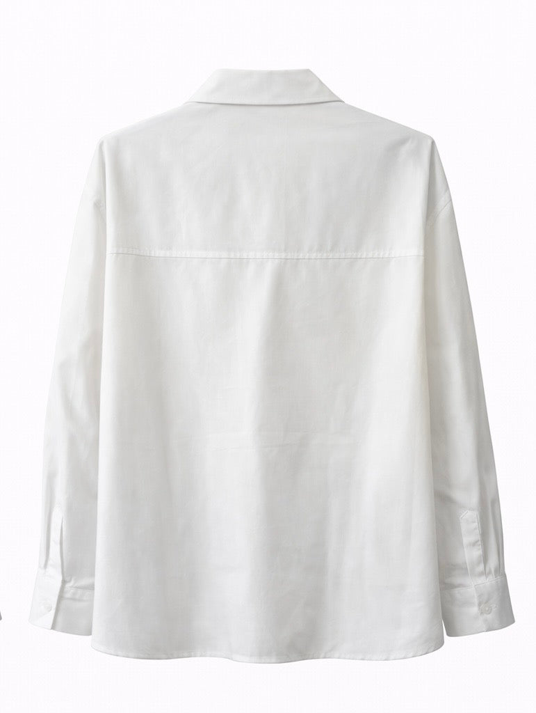 White Button-Up Shirt with Straw Ring Embellishments