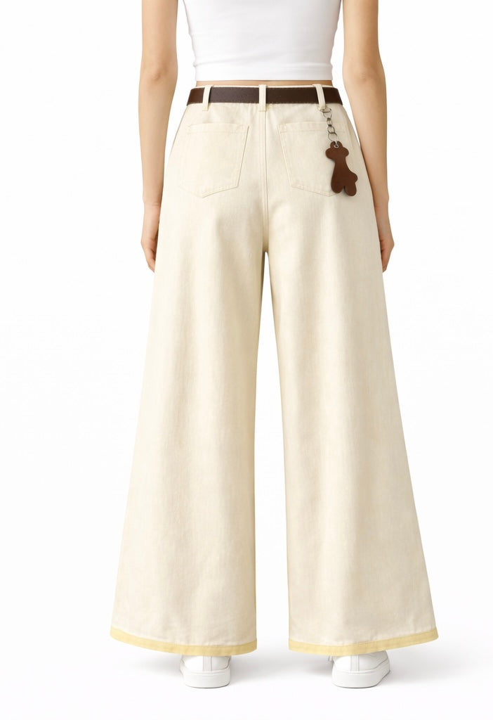 Wide-Leg Trousers with Belt - Butter yellow , pink , light blue
