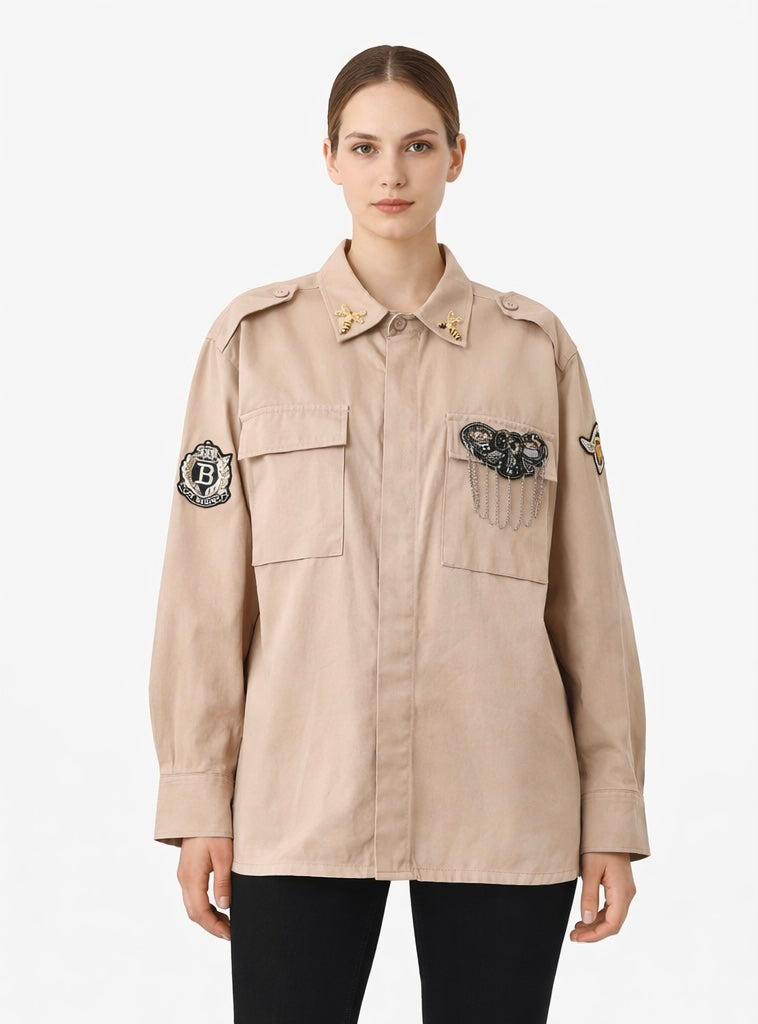 Embellished Utility Shirt Jacket - khaki , Beige