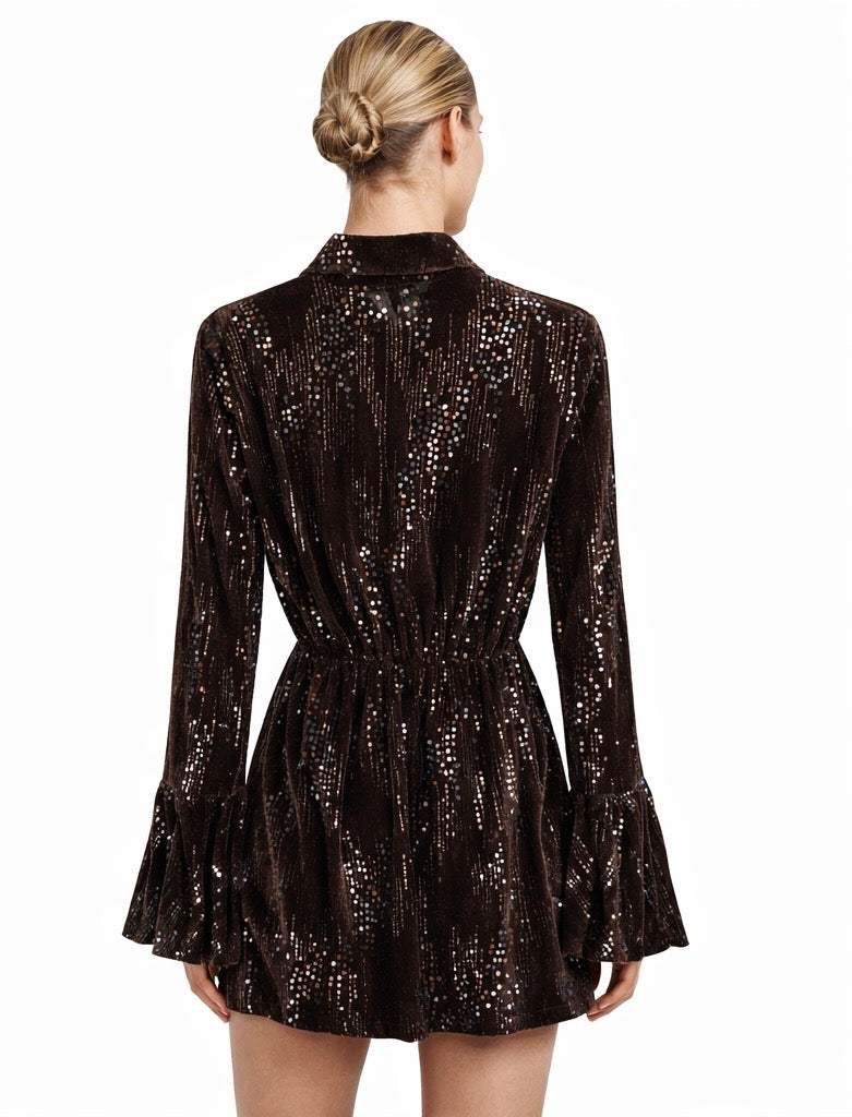 Dark Brown Velvet Sequin Mini Dress