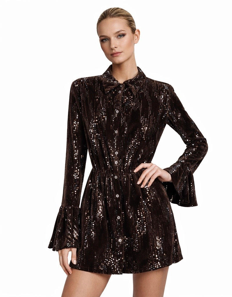 Dark Brown Velvet Sequin Mini Dress