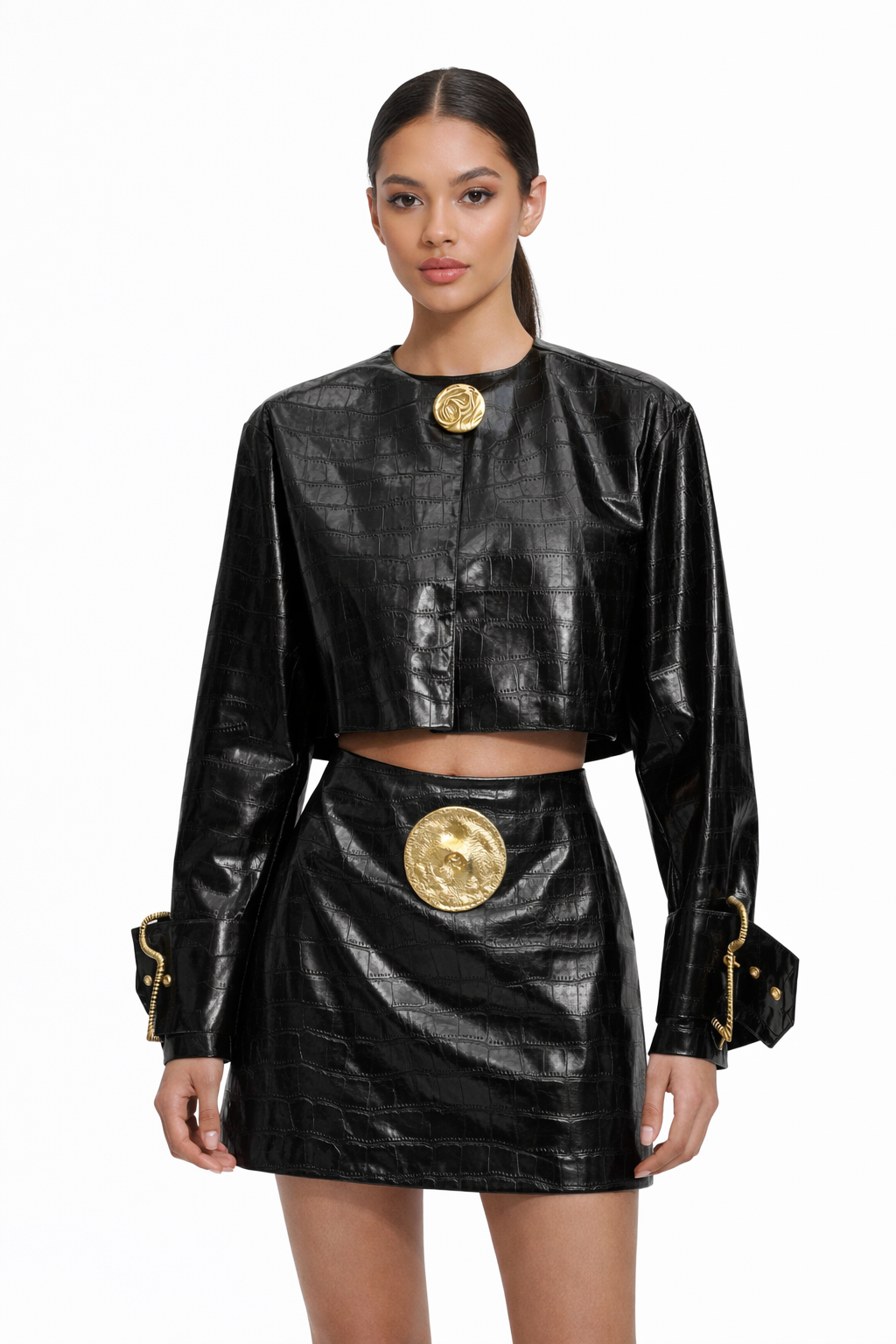 Black Croc-Embossed Jacket & Mini Skirt Set