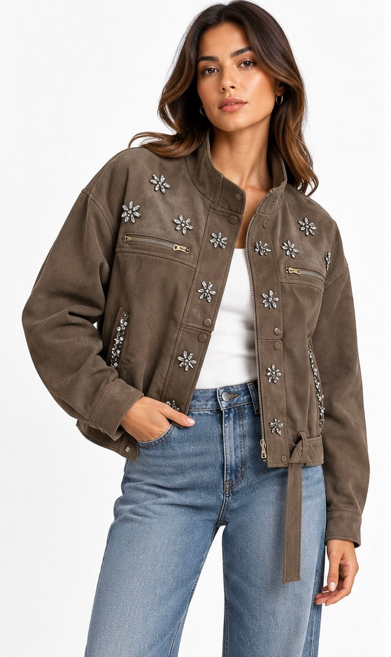 Embellished Suede Belted Jacket ( Brown , Olive , Beige )