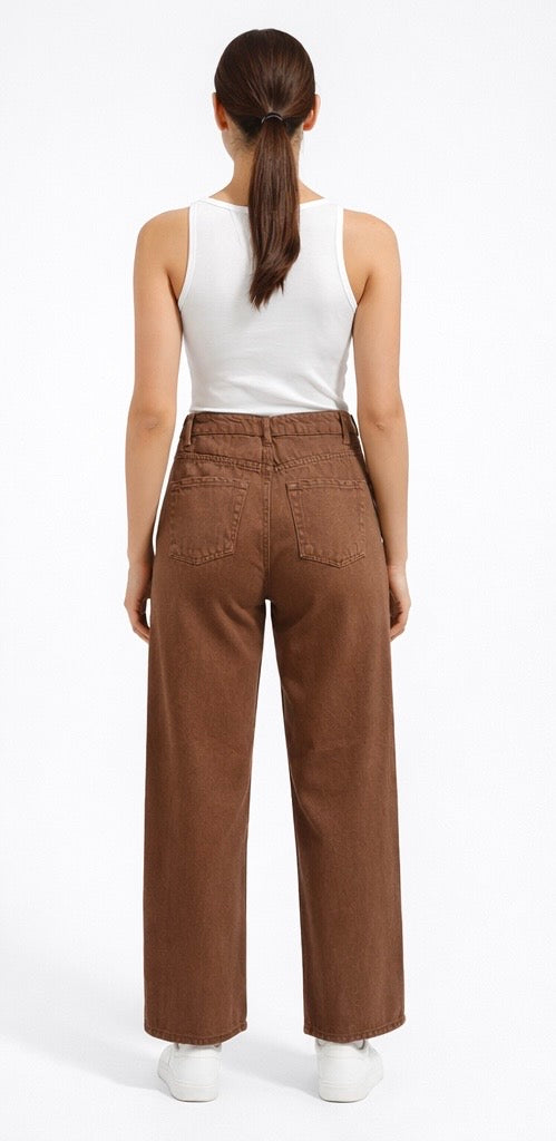 Brown  Denim Wide-Leg Pants
