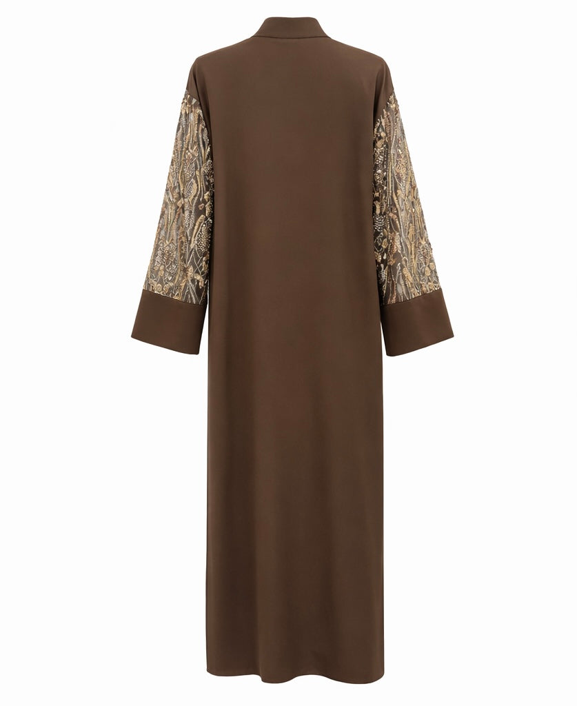 Occasion Abaya with Embellished Sleeves – Brown