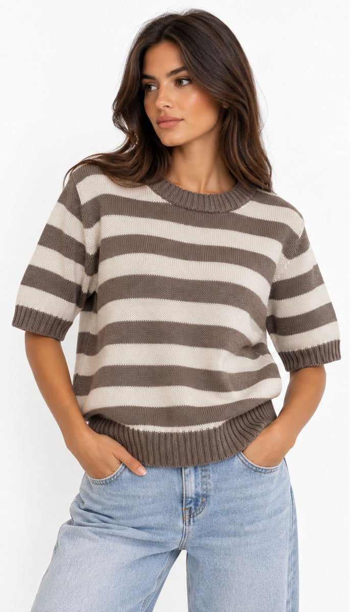 Striped Knit Top ( Olive , Navy , Beige , Burgundy )