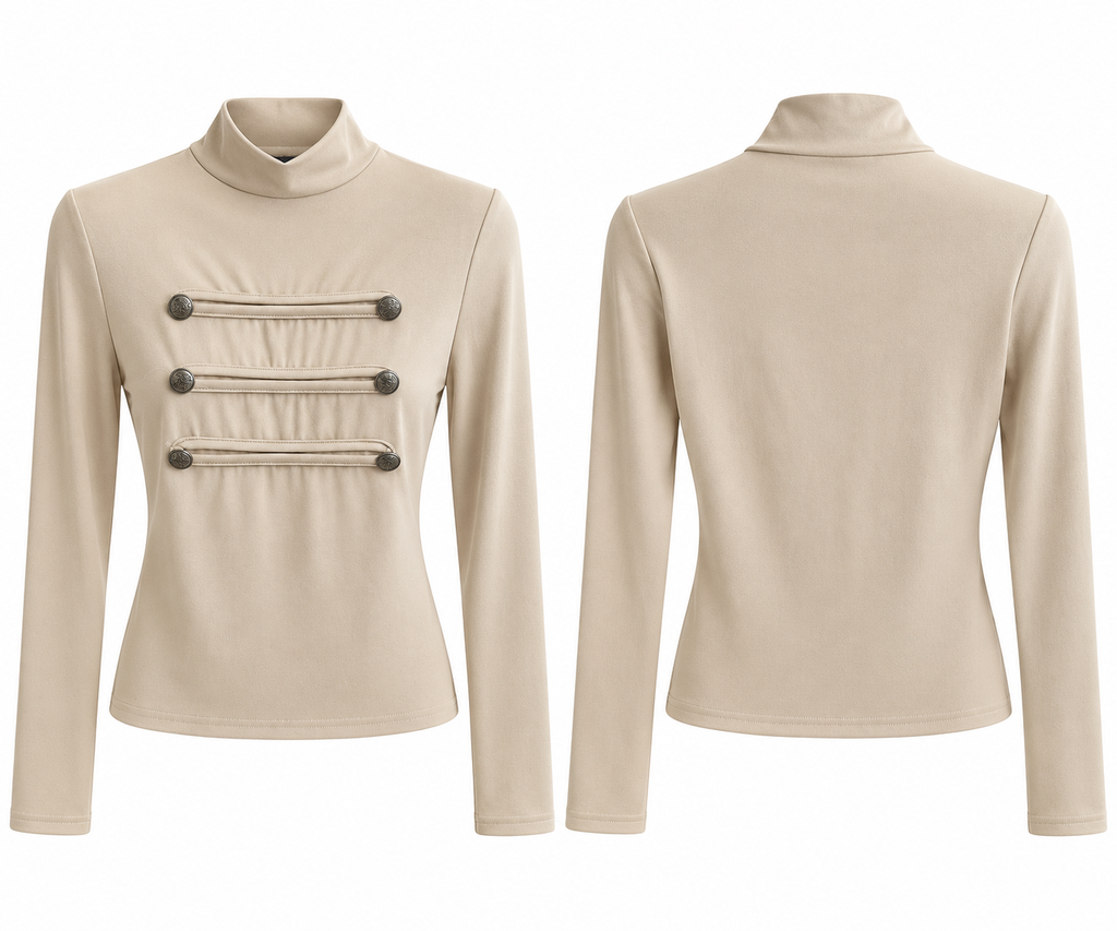 Military Detail Mock Neck Top ( Brown , Beige , Black )