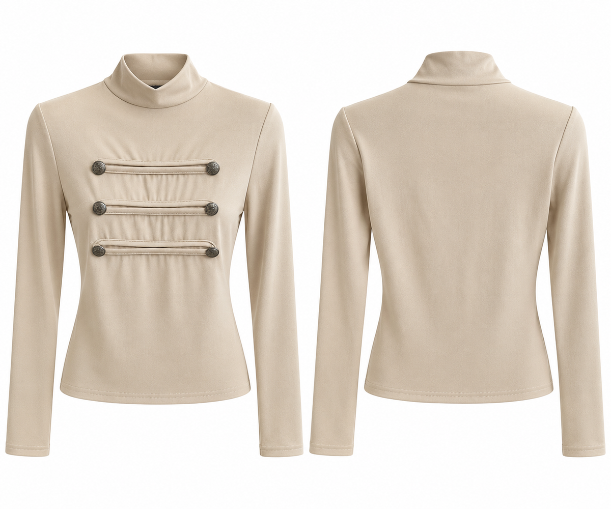 Military Detail Mock Neck Top ( Brown , Beige , Black )