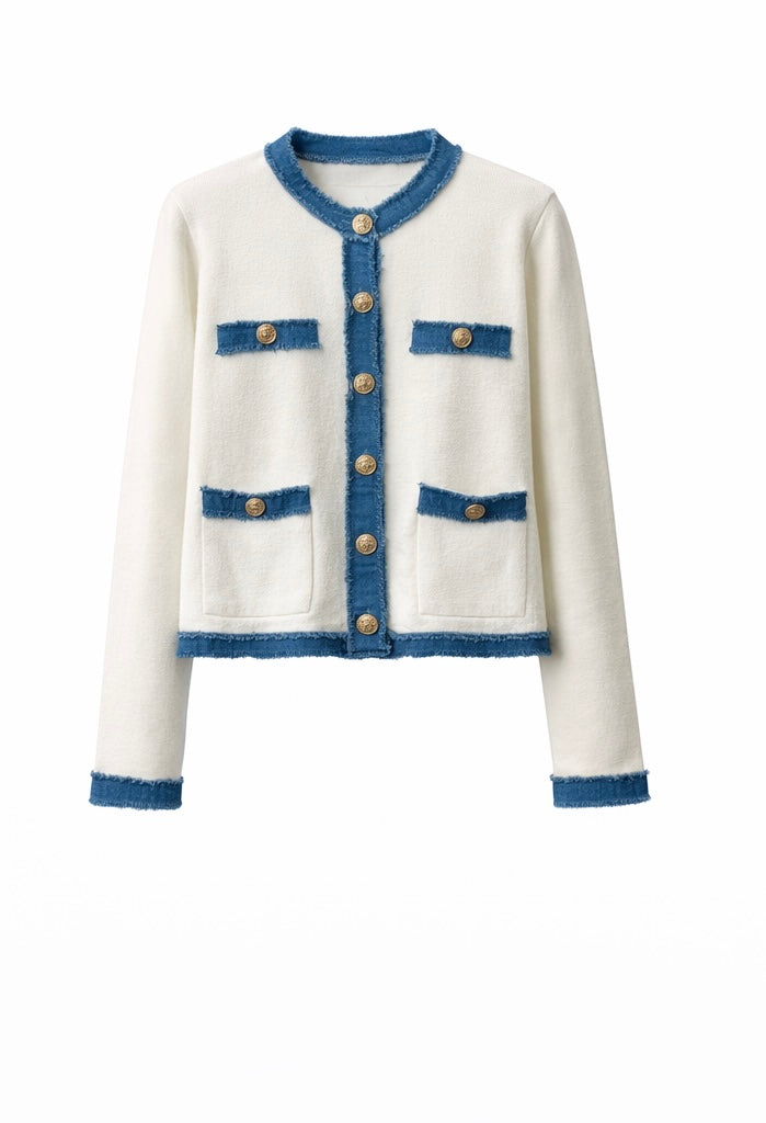 Modern Gold-Button Jacket & Dress Ensemble White