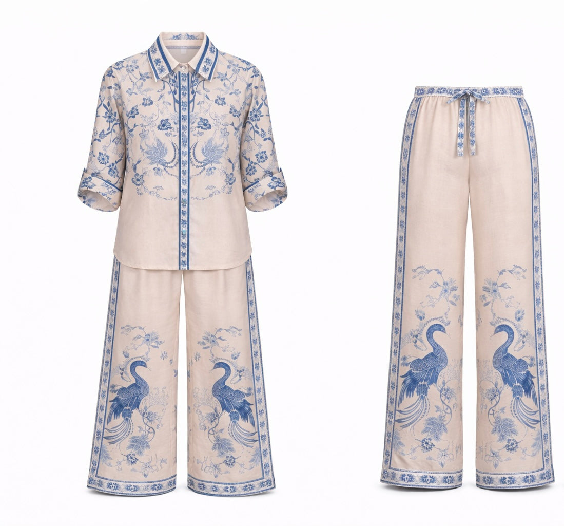 Beige Blue Linen Set
