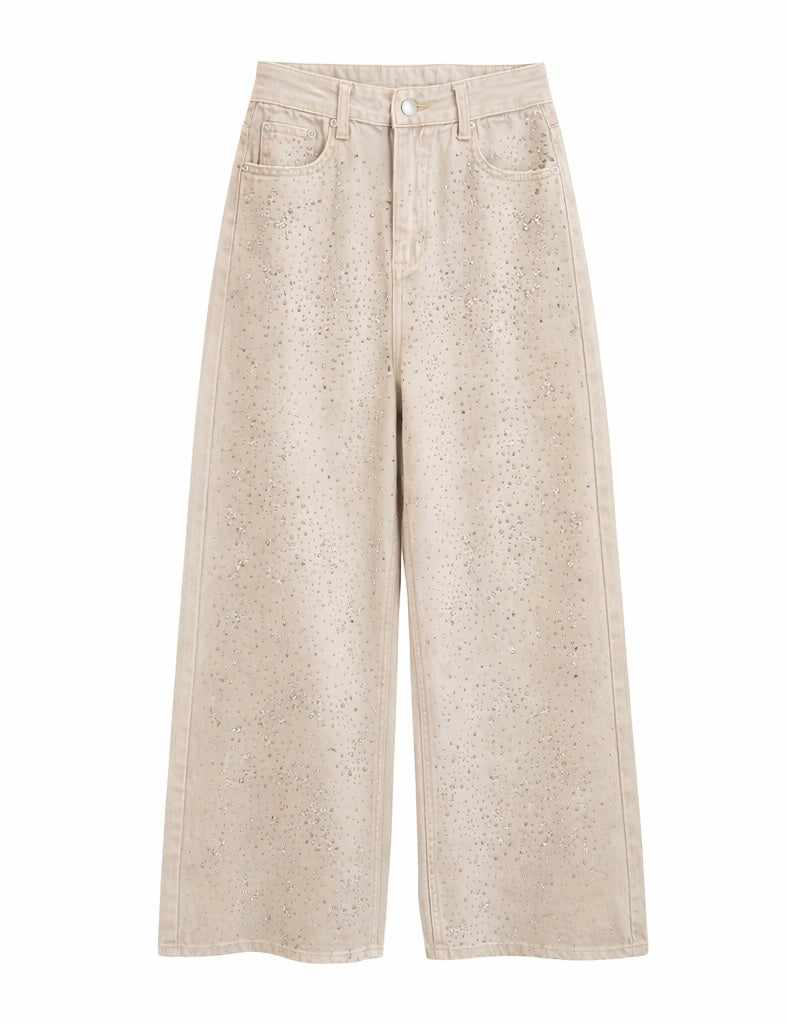 Beige Rhinestone Embellished Wide-Leg Jeans