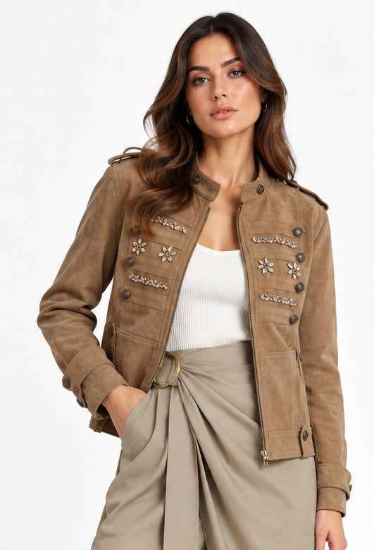 Embellished Military Suede Jacket ( Olive , Beige , Brown )