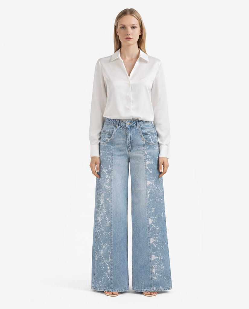 Street Style Paint Splash Wide-Leg Denim
