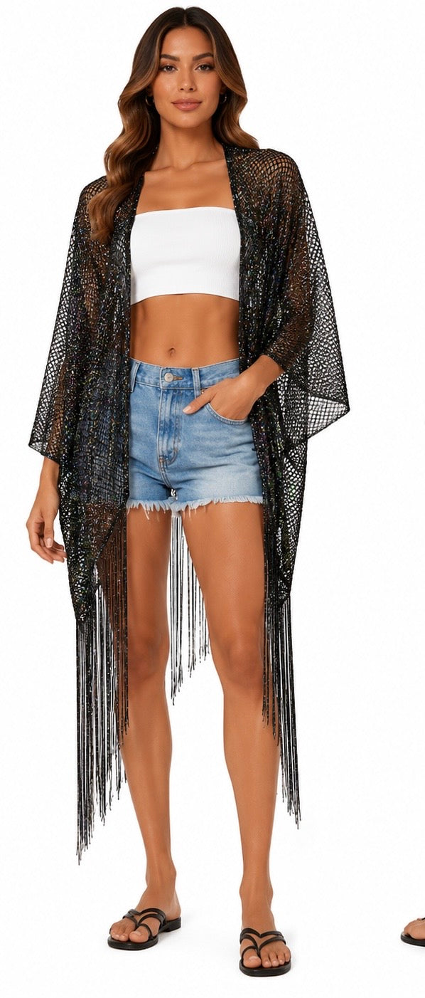 Shimmer Fringe Kimono ( Pink gold , Brown , Gold , Silver black , Silver , Black )