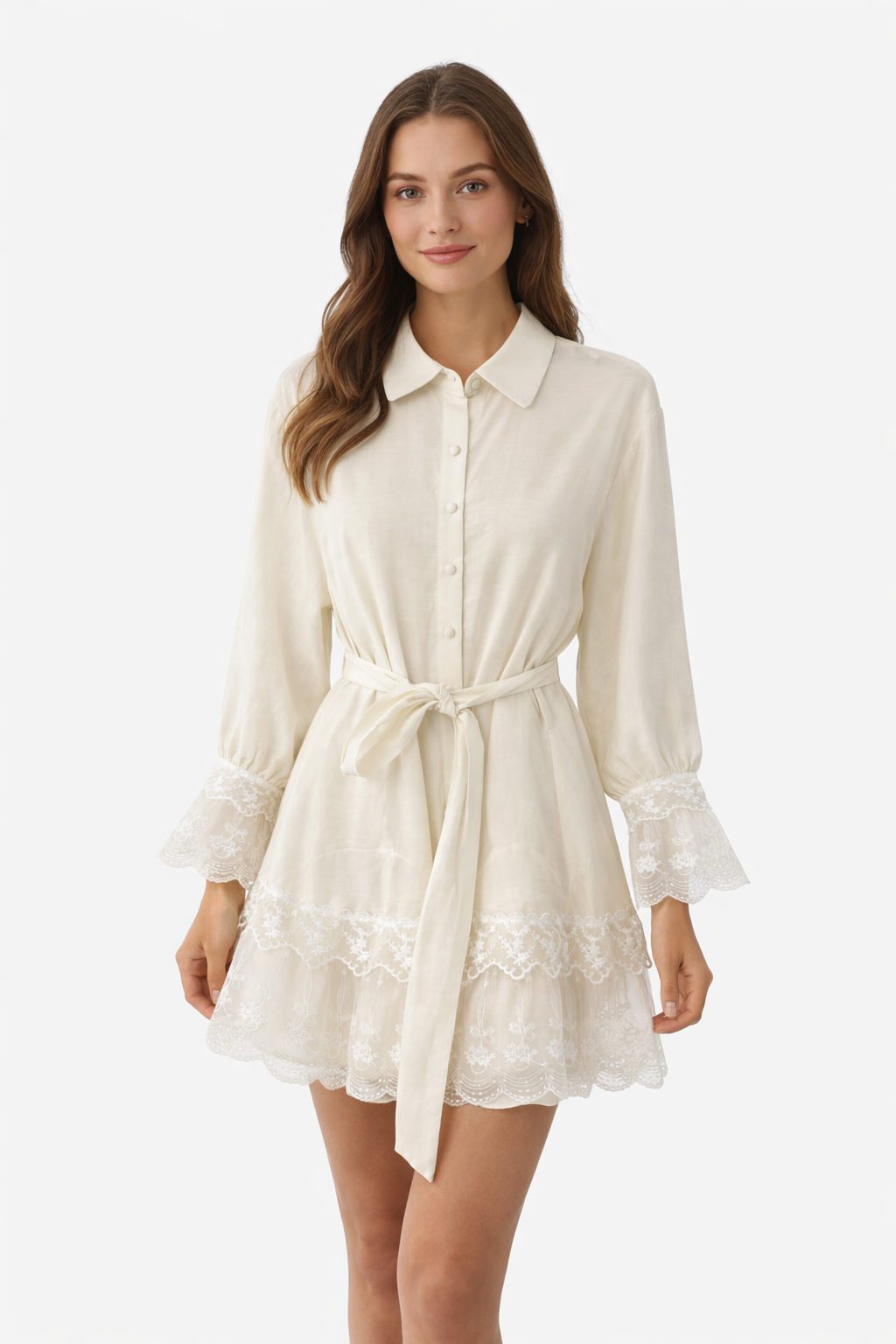 Lace Trim Belted Mini Dress - Light pink , Butter yellow , White