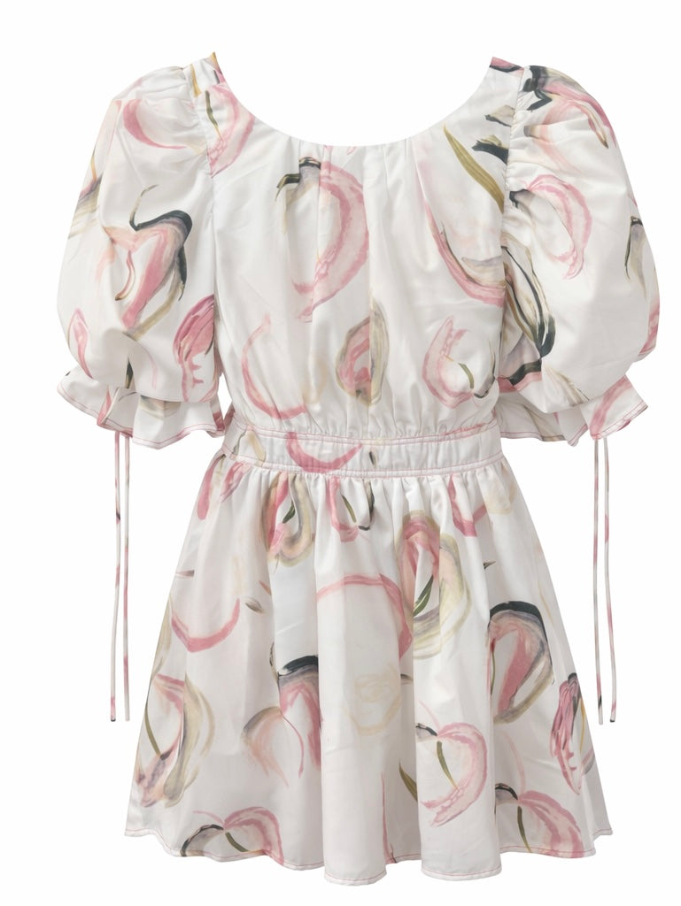 Printed Puff Sleeve Elastic Waist Dress