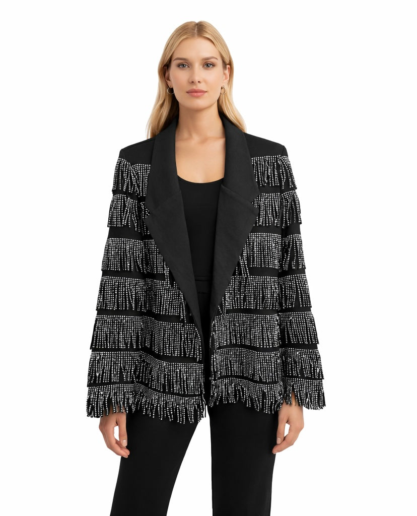 Rhinestone Fringe Blazer Jacket - Silver