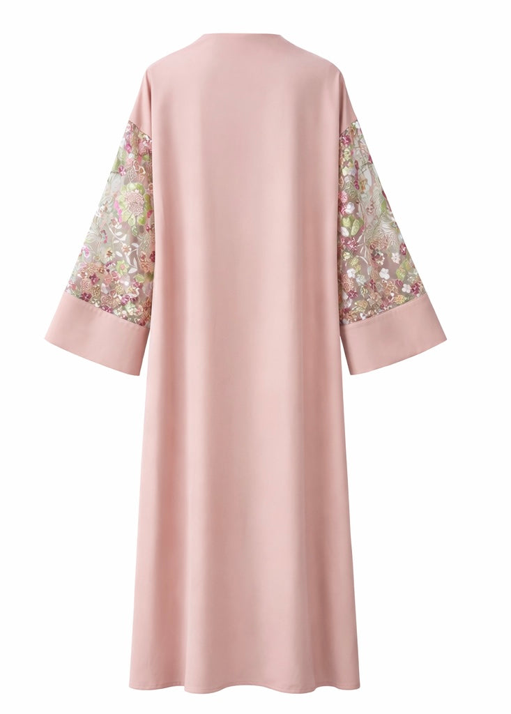 Evening Elegance Blush Nude Floral Sleeve Open Abaya