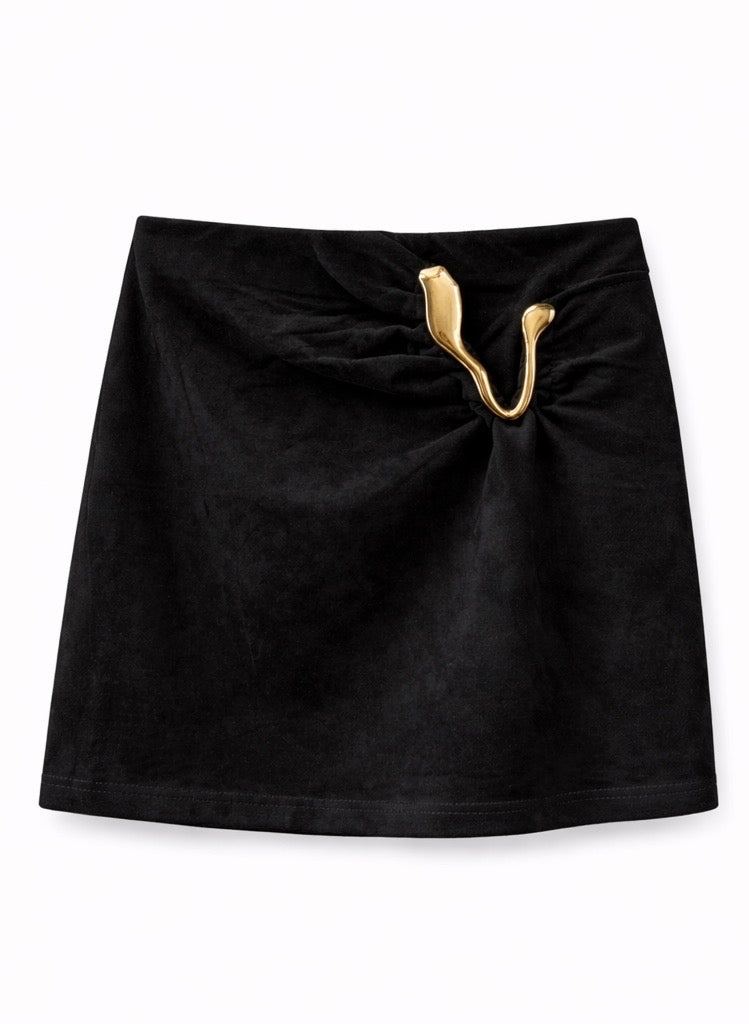 Black Suede Mini Skirt With Gold Hook Detail