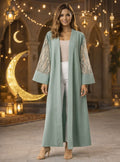 Refined Sage Green Open Abaya Featuring Delicate Sheer Sleeves
