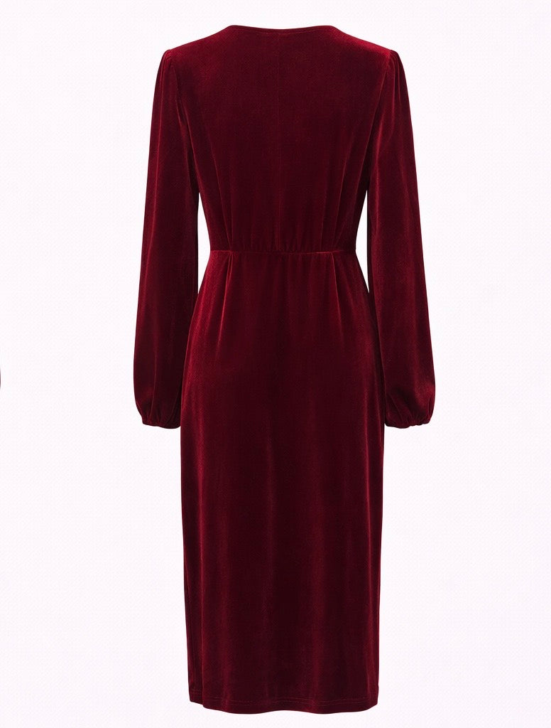 Wine Red Velvet Draped Midi Dress with Crystal Brooch Detail