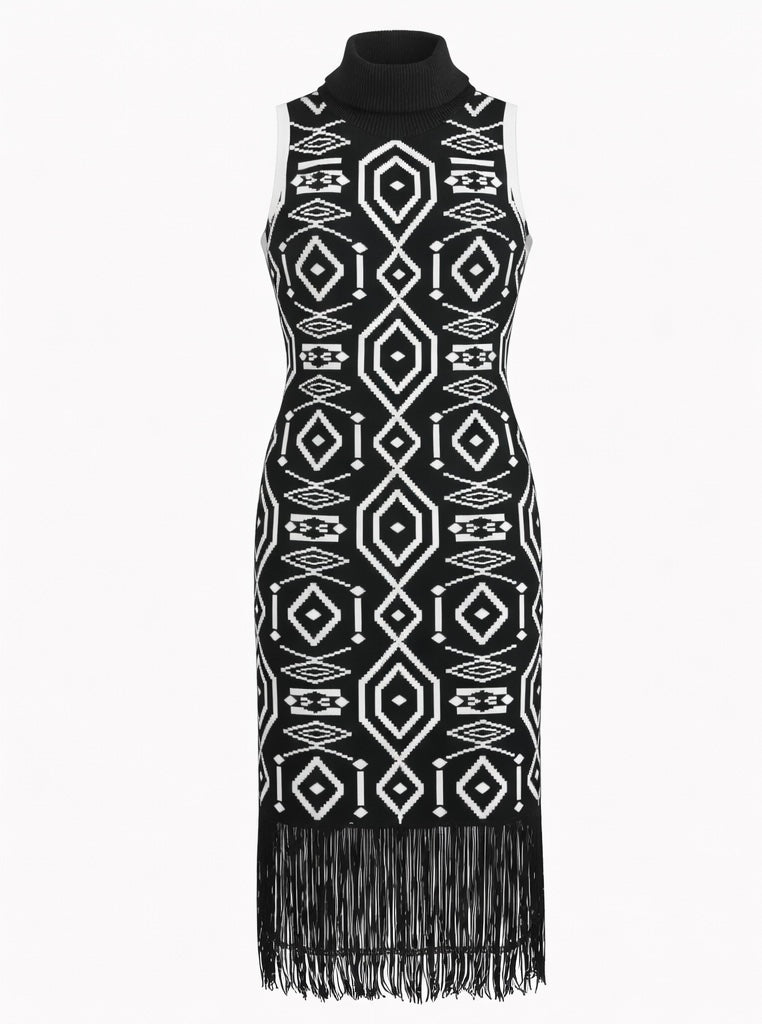 Statement Geometric Knit Fringe Dress